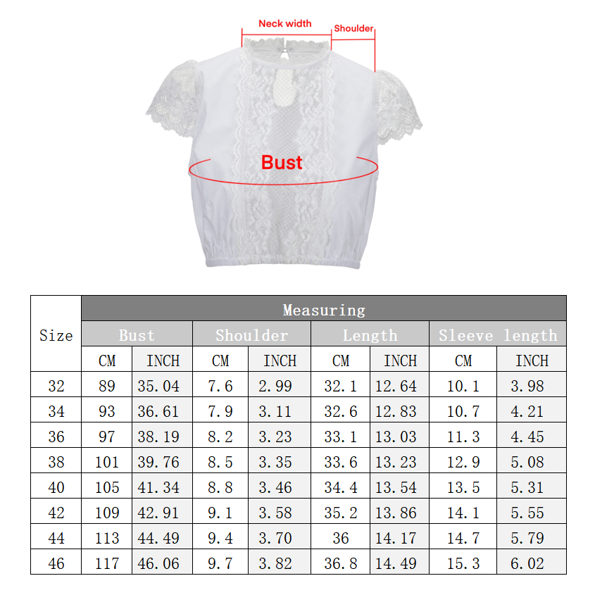 Damen Rundhals Dirndlbluse Spitze Elegantes Bluse Weiß 32-46(20KB003)