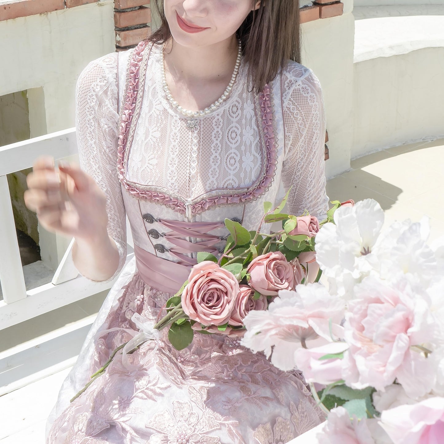 Damen 3/4 Ärmel Dirndlbluse Weiß Spitze 34-44(21JB98)